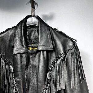 MANZOOR Black VTG Concho Fringe Belt Leather Gypsy‎ Biker Motorcycle Jacket 46
